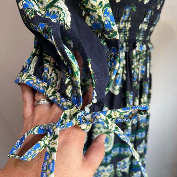 Cara Cara Jazzy Blue Green Print Puff Sleeve Smocked Cotton Midi Dress Sz S - Picture 7 of 13